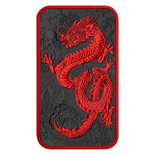 Australia - Silver Rectangle Dragon Cyber Red Black Platinum Colorized Coin-Bar - 1 oz