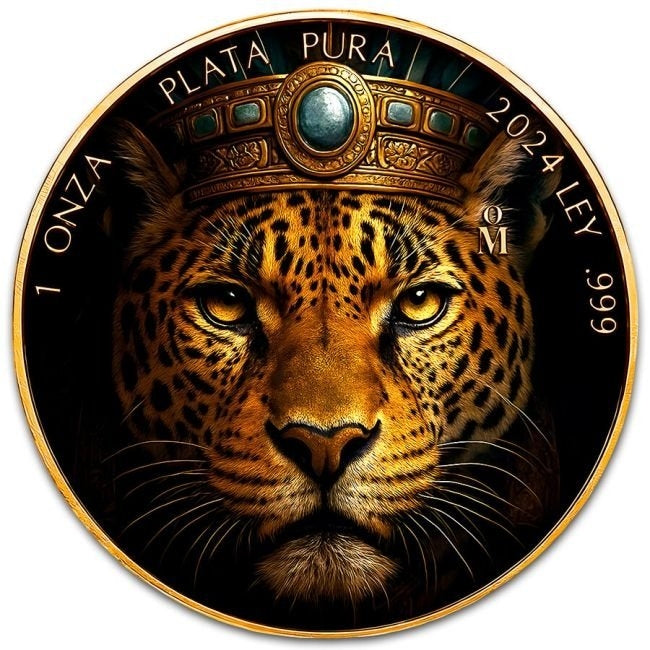 Mexico – Libertad Aztec Jaguar 24k Gold Gilded Colorized Silver Coin - 1 oz