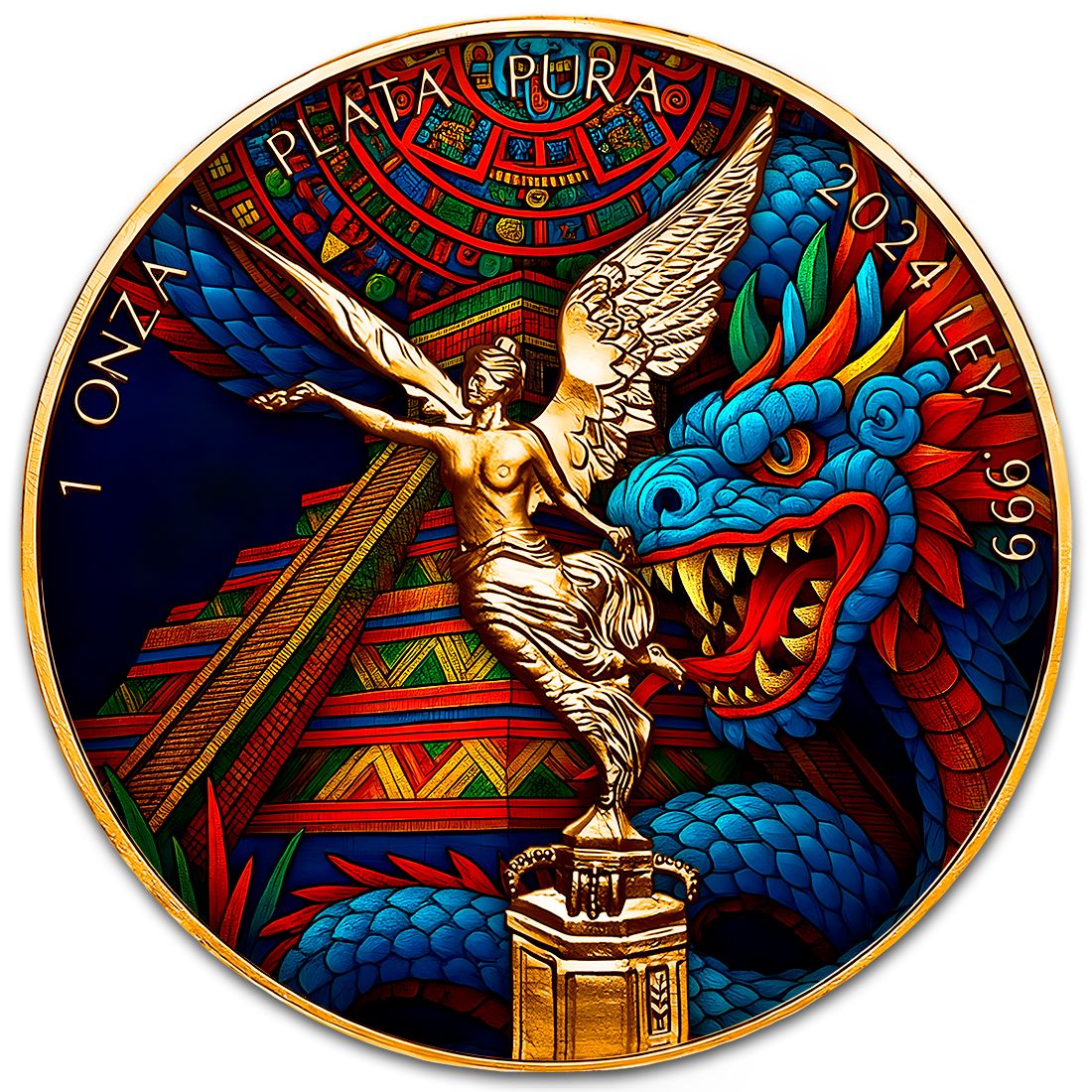Mexico - Libertad Aztec Pyramid Dragon Colorized Silver Coin - 1 oz