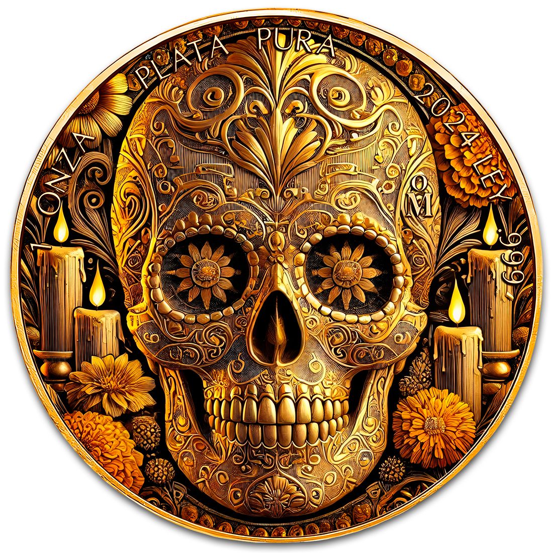 Mexico - Libertad Calavera Dorada 24k Gold Gilded Colorized Silver Coin - 1 oz