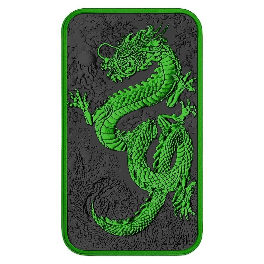 Australia - Silver Rectangle Dragon Cyber Green Black Platinum Colorized Coin-Bar- 1 oz