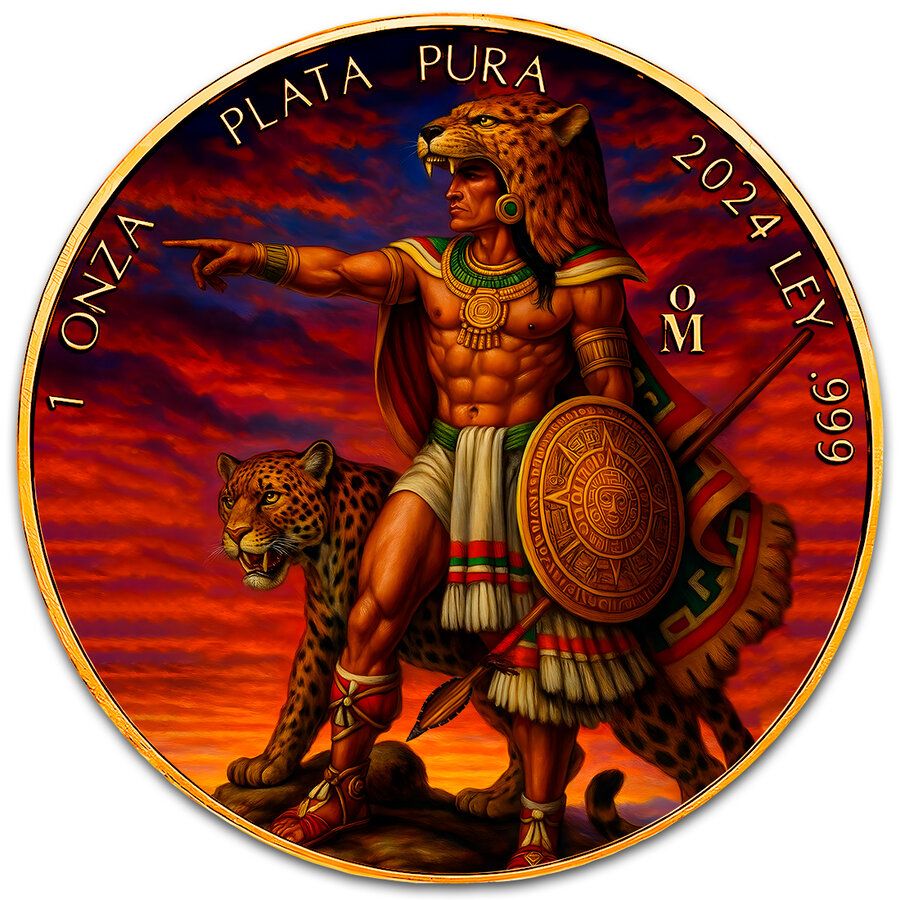 Mexico - Libertad Jaguar Warrior Colorized 24k Gold Gilded Silver Coin - 1 oz