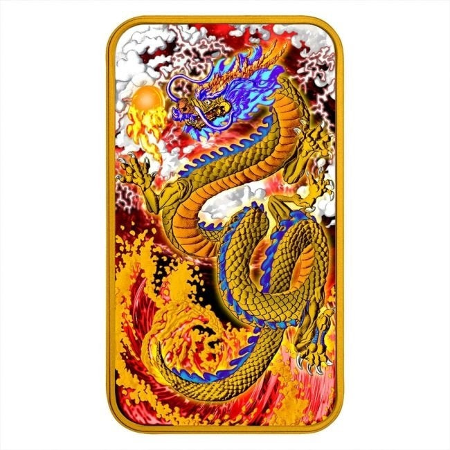 Australia - Silver Rectangle Yellow Dragon 24k Gold Gilded Metallic Colorized Coin-Bar - 1 oz