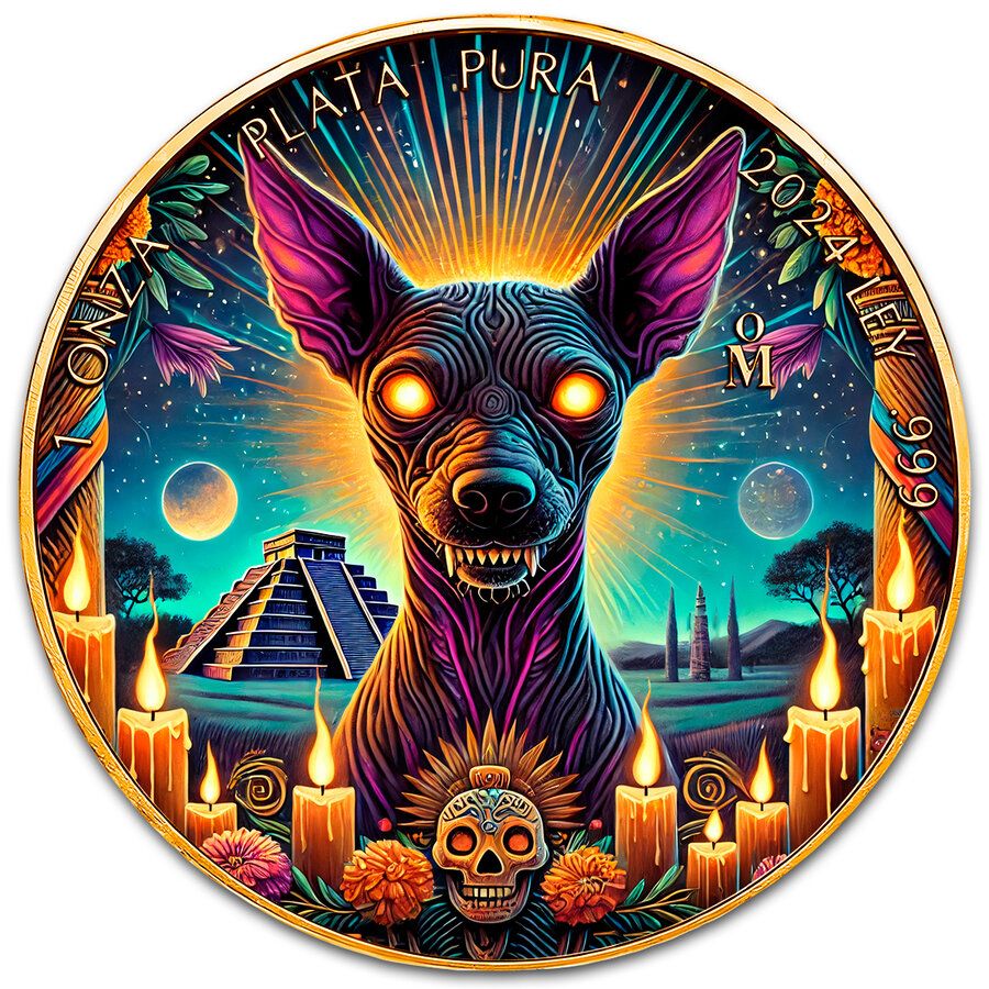 Mexico - Libertad Aztec Xoloitzcuintli 24k Gold Gilded Colorized Silver Coin - 1 oz