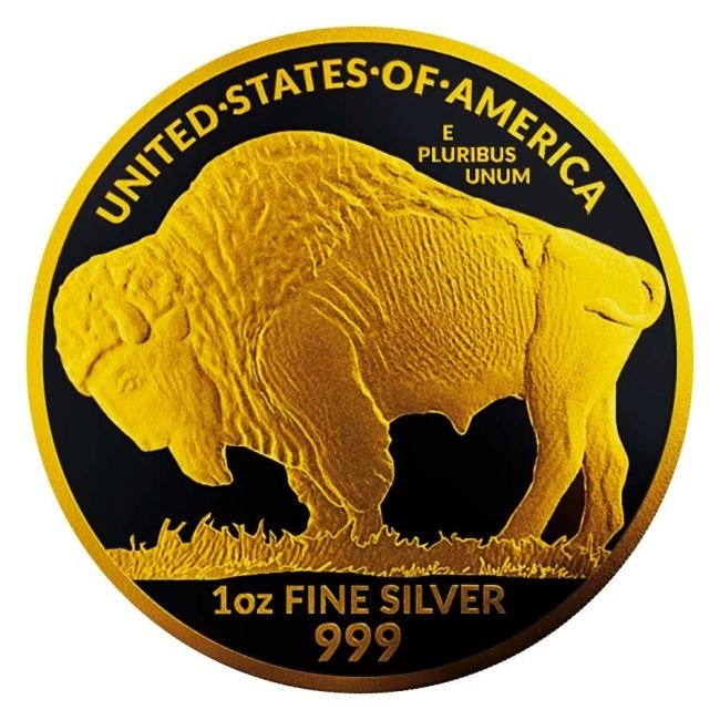 America - Silver Buffalo Round Black Platinum 24k Gold Gilded Coin - 1 oz