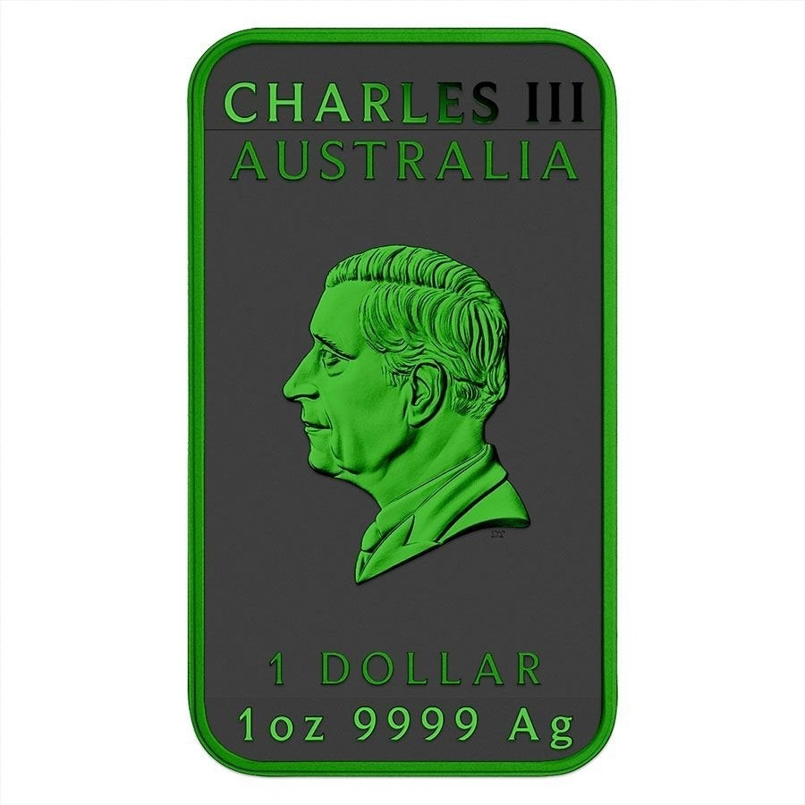 Australia - Silver Rectangle Dragon Cyber Green Black Platinum Colorized Coin-Bar- 1 oz