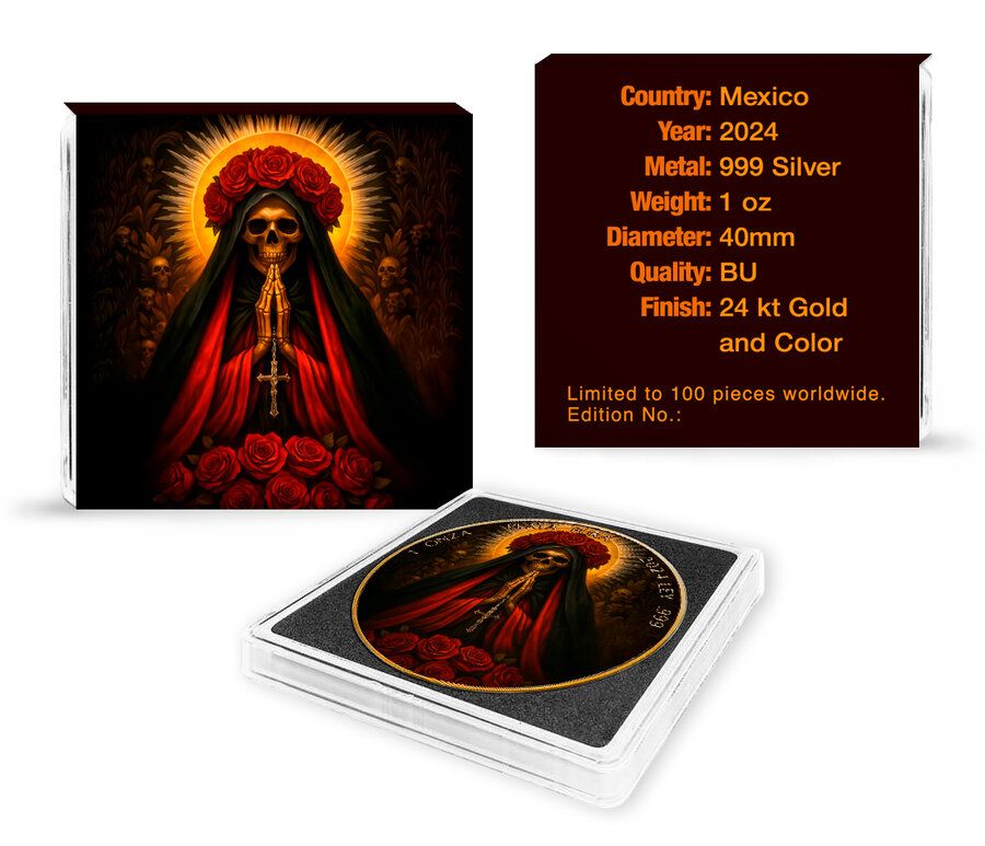 Mexico - Libertad Praying Santa Muerte 24k Gold Gilded Colorized Silver Coin - 1 oz