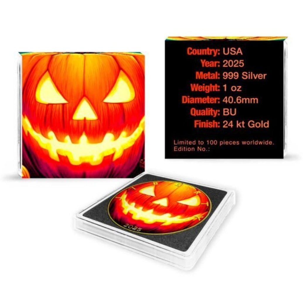 America - Silver Eagle Halloween Pumpkin Head 24k Gold Gilded Colorized Coin - 1 oz