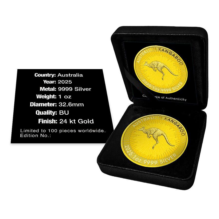 UK - Silver Kangaroo Full 24k Gold Gilded Coin - 1 oz