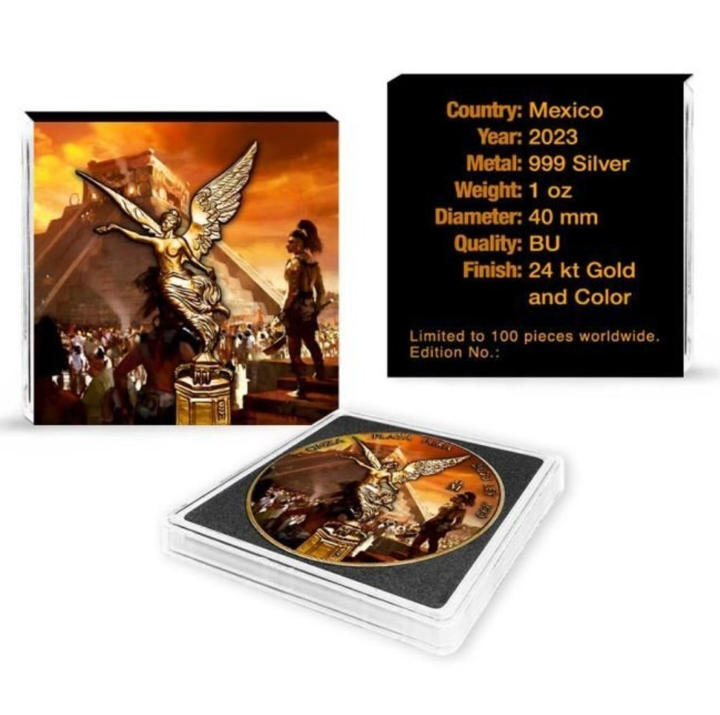 Mexico - Libertad Aztec Pyramid Folk 24k Gold Gilded Colorized Silver Coin - 1 oz