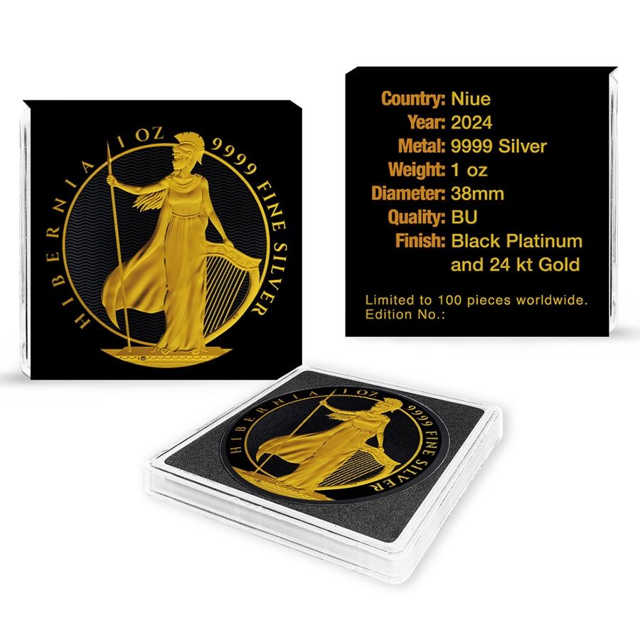 Niue - Hibernia Black Platinum 24k Gold Gilded Colorized Silver Coin - 1 oz