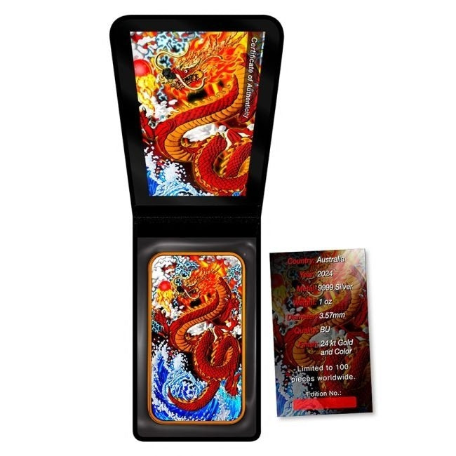 Australia - Silver Rectangle Red Dragon 24k Gold Gilded Metallic Colorized Coin-Bar - 1 oz