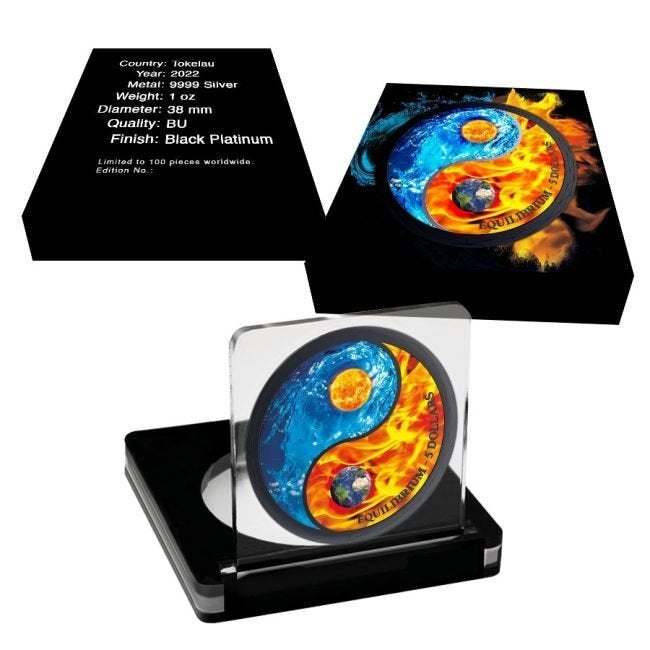 Tokelau - Silver Equilibrium Water Fire Black Platinum Colorized Coin - 1 oz