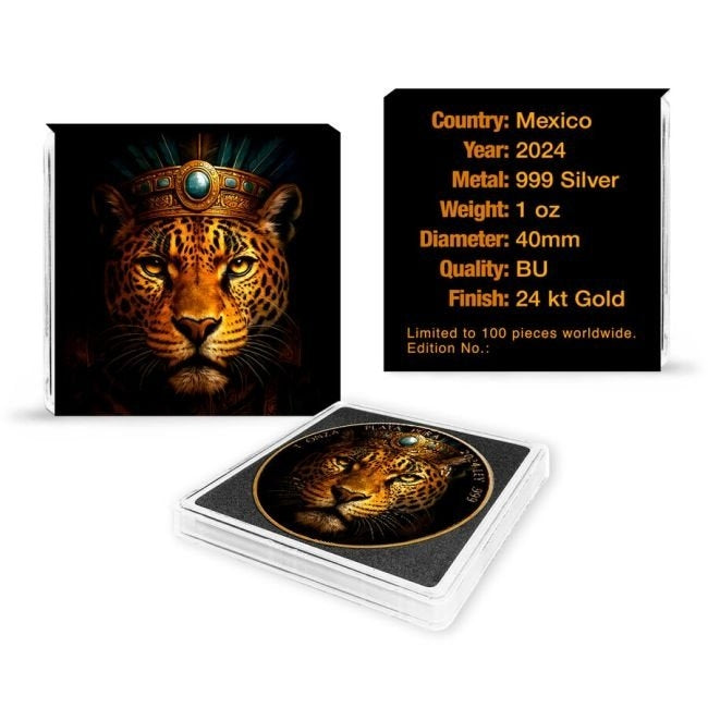 Mexico – Libertad Aztec Jaguar 24k Gold Gilded Colorized Silver Coin - 1 oz