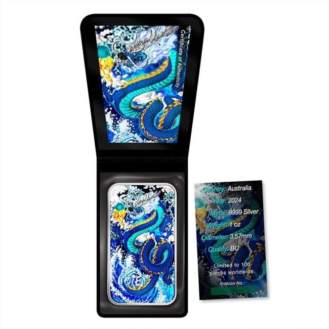 Australia - Silver Rectangle Blue Dragon Metallic Colorized Coin-Bar - 1 oz