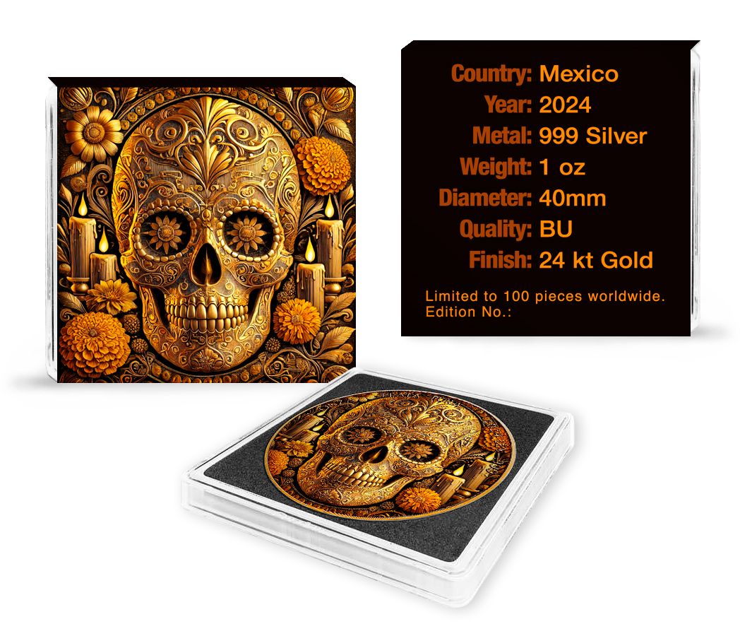 Mexico - Libertad Calavera Dorada 24k Gold Gilded Colorized Silver Coin - 1 oz