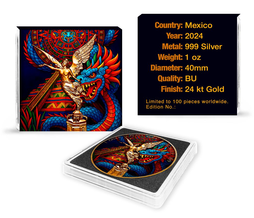 Mexico - Libertad Aztec Pyramid Dragon Colorized Silver Coin - 1 oz