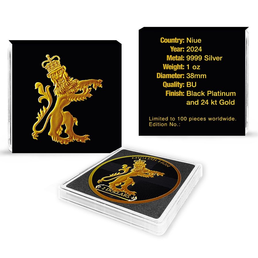 Niue - English Lion Black Platinum 24k Gold Gilded Colorized Silver Coin - 1 oz