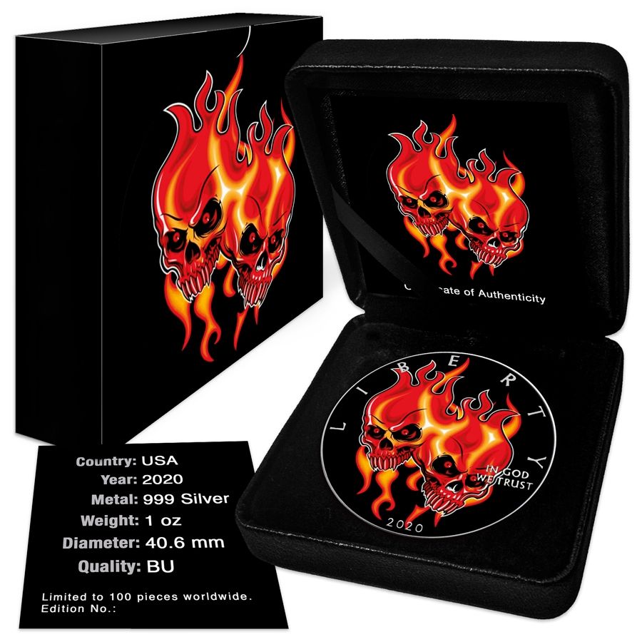 America - Silver Eagle Burning Twin Skulls Colorized Coin - 1 oz