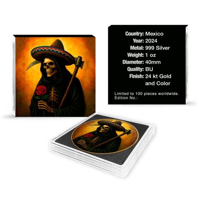 Mexico - Libertad Grim Reaper Sombrero 24k Gold Gilded Colorized Silver Coin - 1 oz