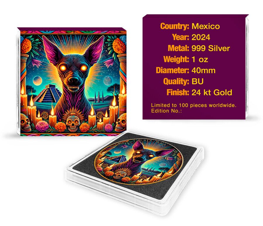 Mexico - Libertad Aztec Xoloitzcuintli 24k Gold Gilded Colorized Silver Coin - 1 oz