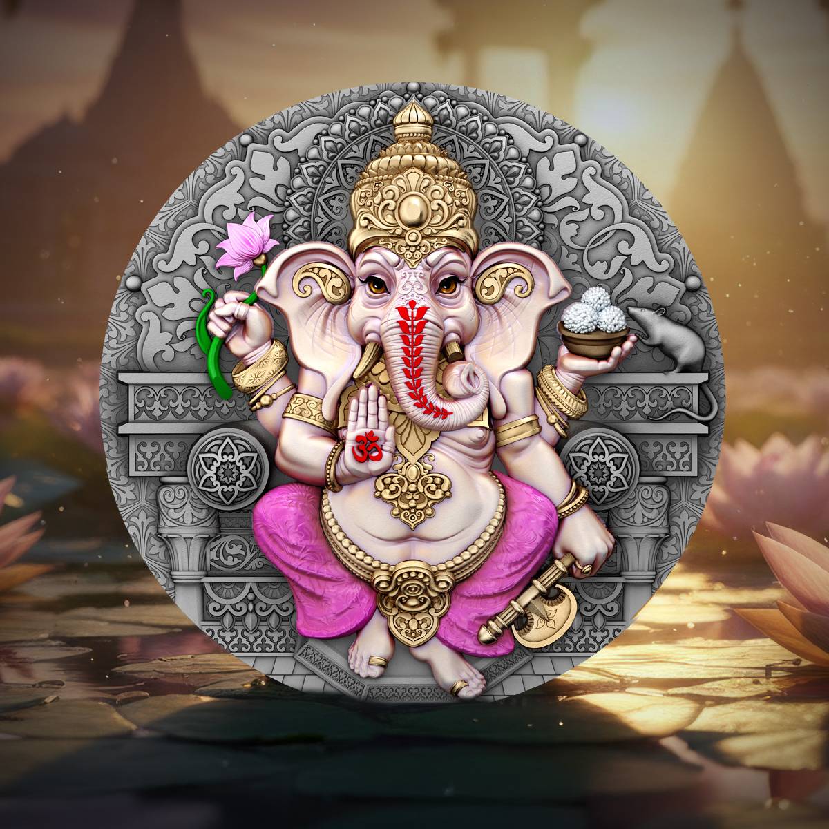 Niue - Ganesha High Relief Color Antique Finish Silver Coin - 2 oz