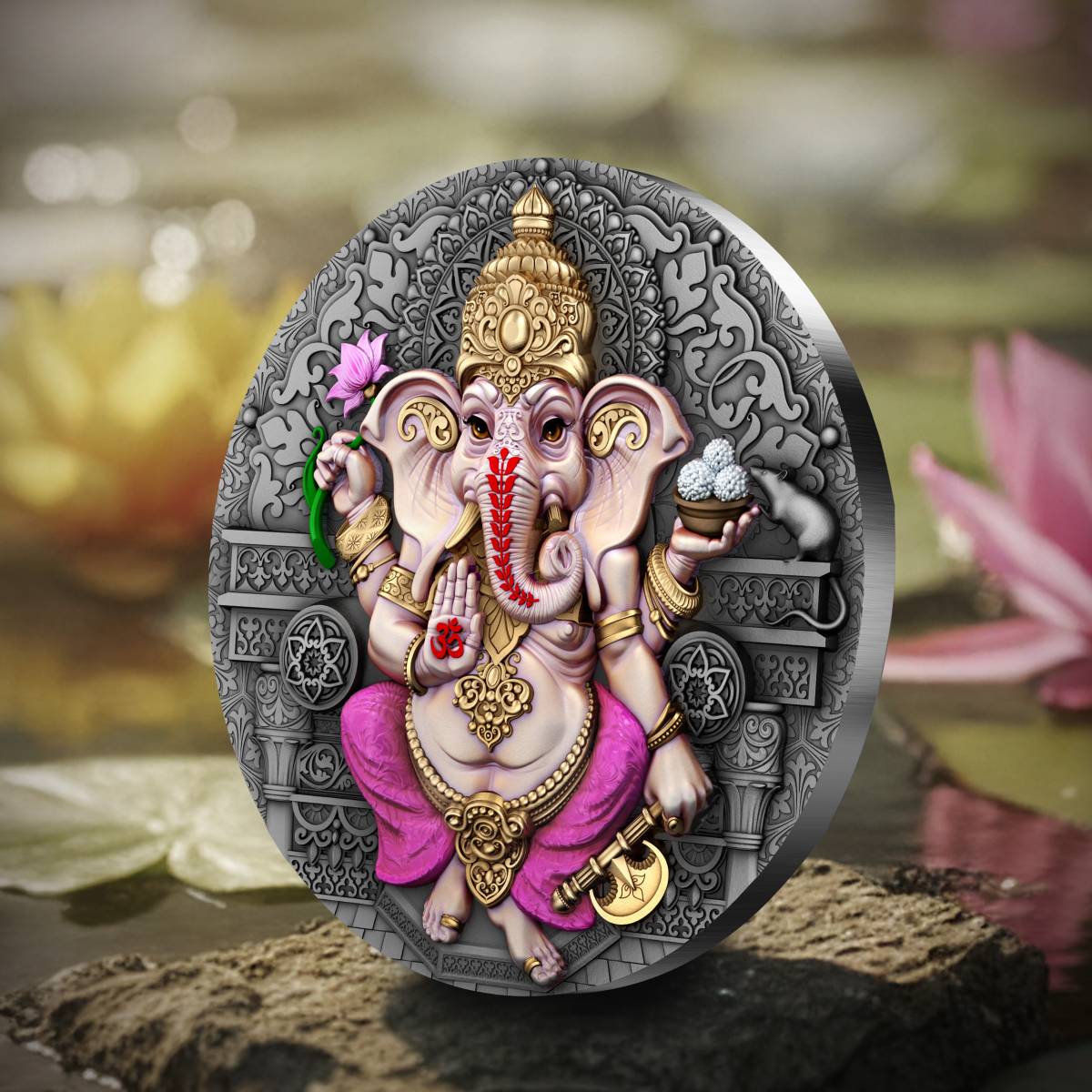 Niue - Ganesha High Relief Color Antique Finish Silver Coin - 2 oz