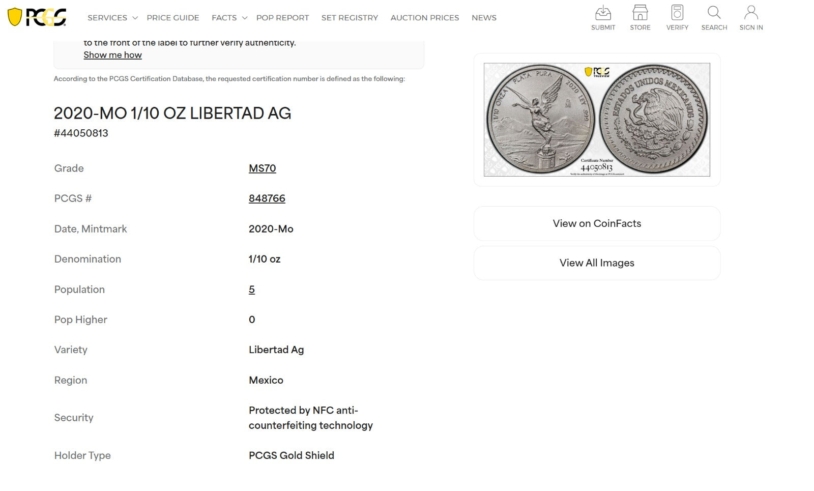 Mexico - Libertad Silver - PCGS MS 70 - 1/10 oz