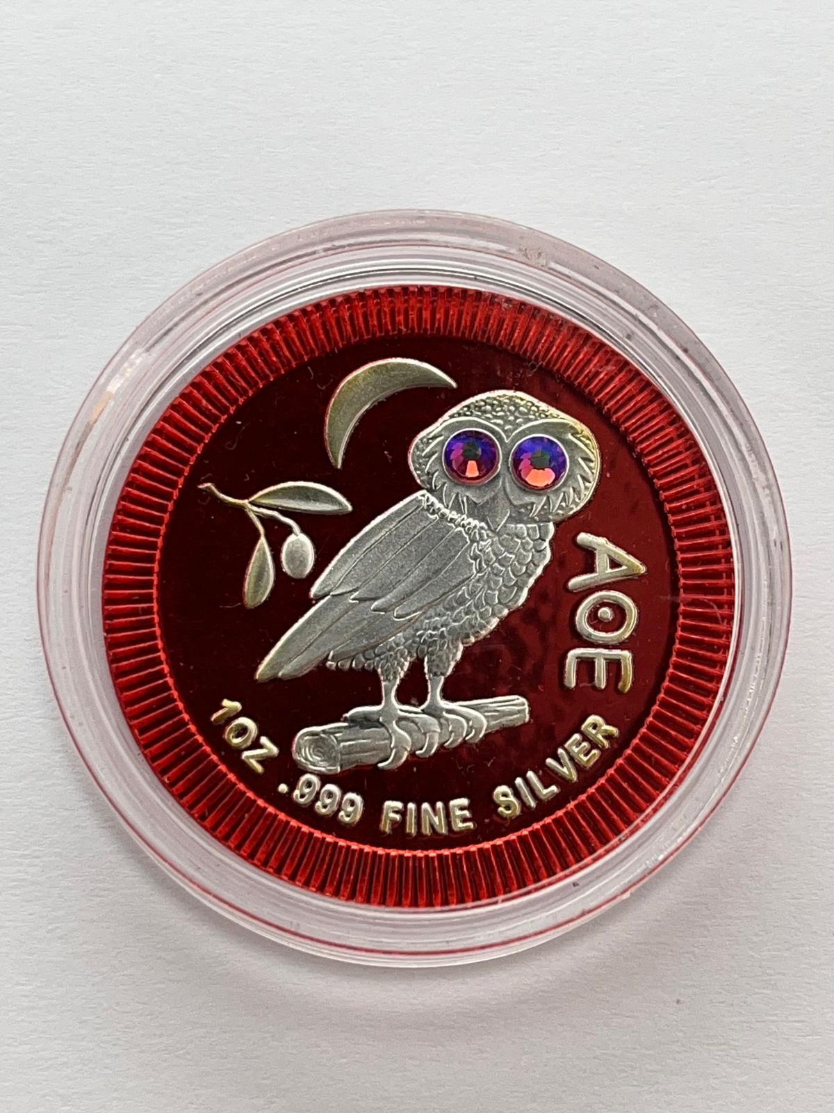 Athenian Owl Red background Pink Eyes - 1 oz