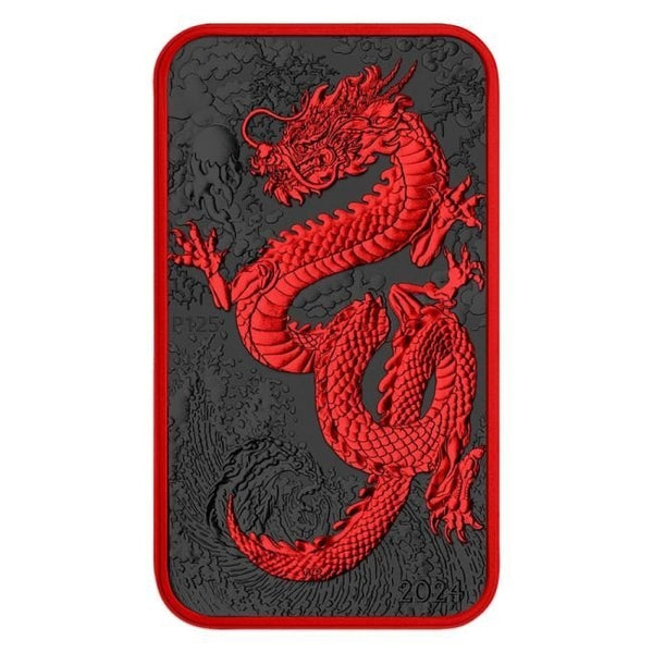 Australia - Silver Rectangle Dragon Cyber ​​Red Black Platinum Colorized Coin-Bar - 1 oz