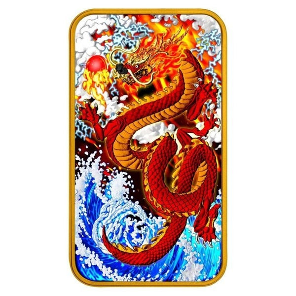 Australia - Silver Rectangle Red Dragon 24k Gold Gilded Metallic Colorized Coin-Bar - 1 oz