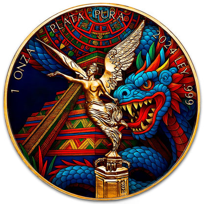 Mexico - Libertad Aztec Pyramid Dragon Colorized Silver Coin - 1 oz