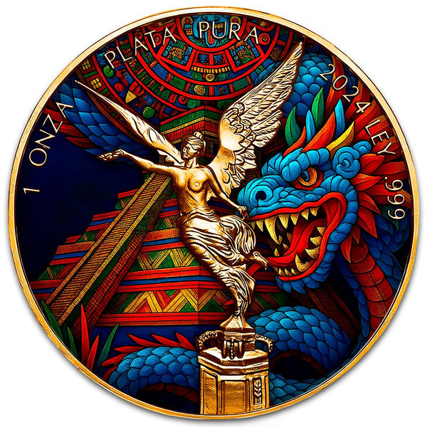 Mexico - Libertad Aztec Pyramid Dragon Colorized Silver Coin - 1 oz