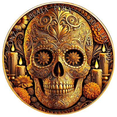 Mexico - Libertad Calavera Dorada 24k Gold Gilded Colorized Silver Coin