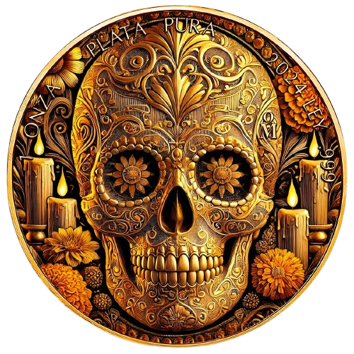 Mexico - Libertad Calavera Dorada 24k Gold Gilded Colorized Silver Coin - 1 oz