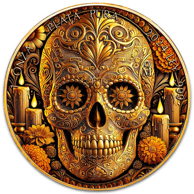 Mexico - Libertad Calavera Dorada 24k Gold Gilded Colorized Silver Coin - 1 oz