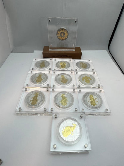 Komplett samling – Queen’s Beasts 11 x 1 oz silver, förgyllda med 24 K guld