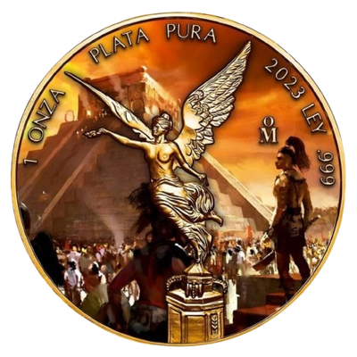 Mexico - Libertad Aztec Pyramid Folk 24k Gold Gilded Colorized Silver Coin - 1 oz