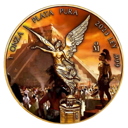 Mexico – Libertad Aztec Pyramid Folk 24k Gold Gilded Colorized Silver Coin - 1 oz