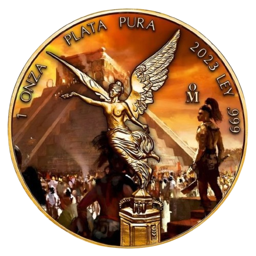 Mexico - Libertad Aztec Pyramid Folk 24k Gold Gilded Colorized Silver Coin - 1 oz