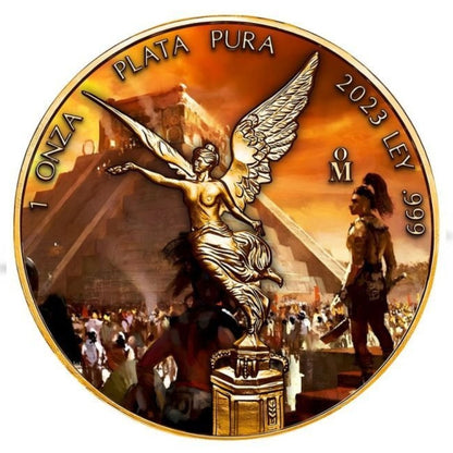 Mexico - Libertad Aztec Pyramid Folk 24k Gold Gilded Colorized Silver Coin - 1 oz