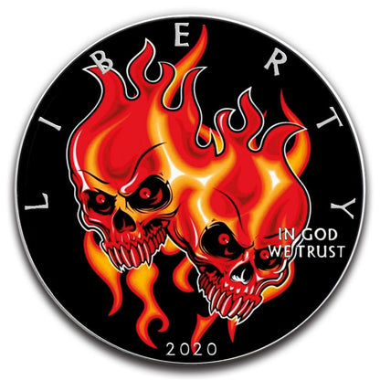 America - Silver Eagle Burning Twin Skulls Colorized Coin - 1 oz