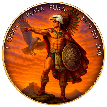 Mexico - Libertad Aztec Eagle Warrior 24k Gold Gilded Colorized Silver Coin - 1 oz