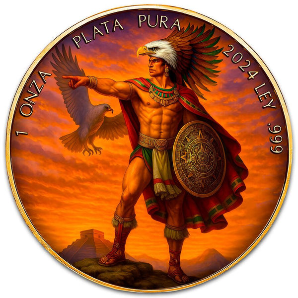 Mexico - Libertad Aztec Eagle Warrior 24k Gold Gilded Colorized Silver Coin - 1 oz