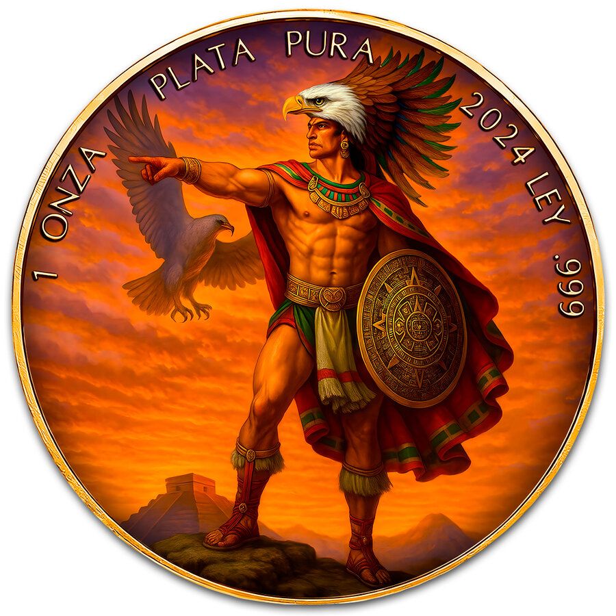 Mexico - Libertad Aztec Eagle Warrior 24k Gold Gilded Colorized Silver Coin - 1 oz