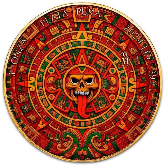Mexico - Libertad Aztec Calendar 24k Gold Gilded Colorized Silver Coin - 1 oz