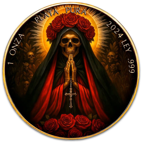 Mexico - Libertad Praying Santa Muerte 24k Gold Gilded Colorized Silver Coin - 1 oz