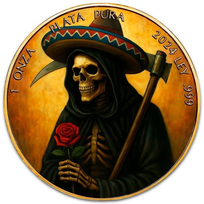Mexico - Libertad Grim Reaper Sombrero 24k Gold Gilded Colorized Silver Coin - 1 oz