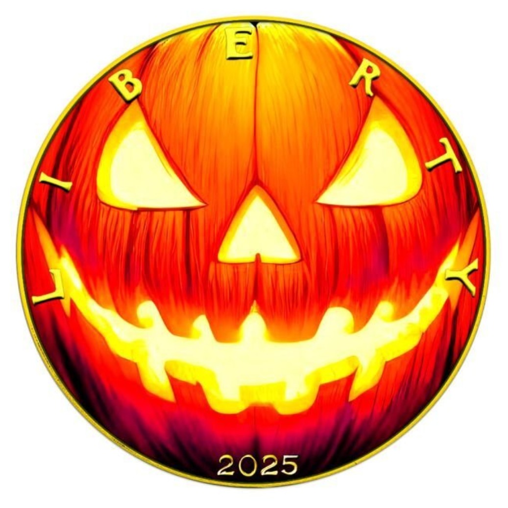 America - Silver Eagle Halloween Pumpkin Head 24k Gold Gilded Colorized Coin - 1 oz