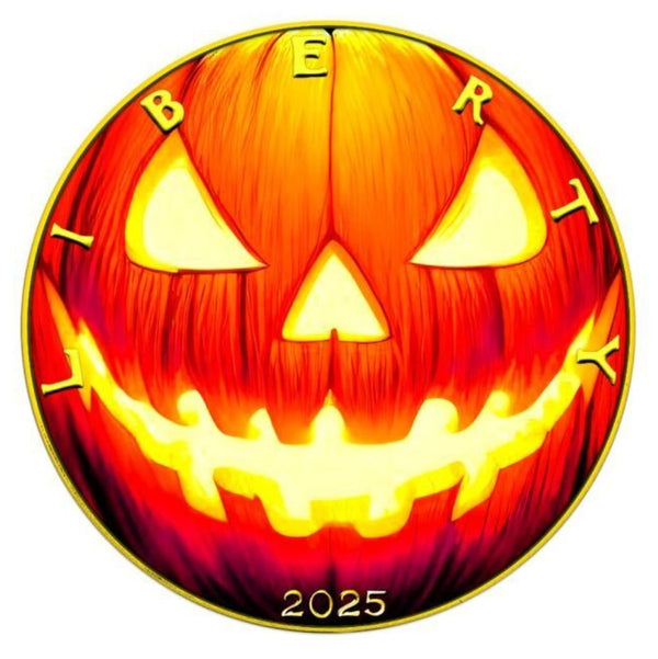 America - Silver Eagle Halloween Pumpkin Head 24k Gold Gilded Colorized Coin - 1 oz